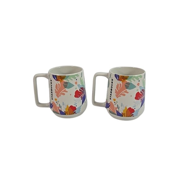 Starbucks Colorful Ceramic Mug Set 14oz Modern Abstract Floral Design Pair - Picture 2 of 5